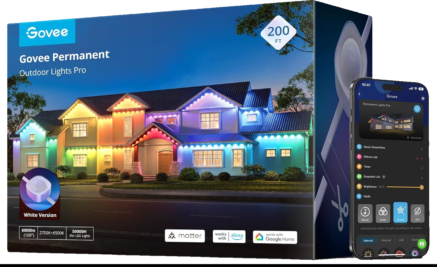 Govee Permanent Outdoor Lights Pro box with the Govee app open on a phone