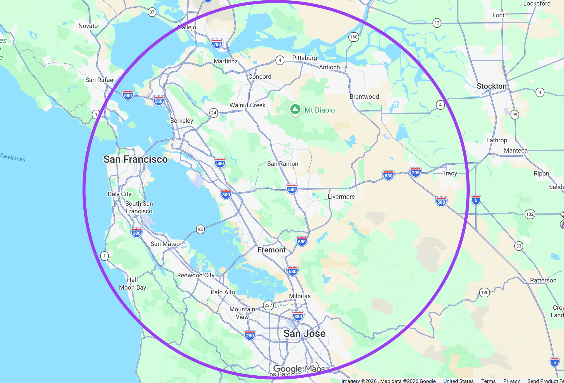 Map of the Bay Area service radius covering the East Bay, San Francisco, the Peninsula, South Bay and North Bay