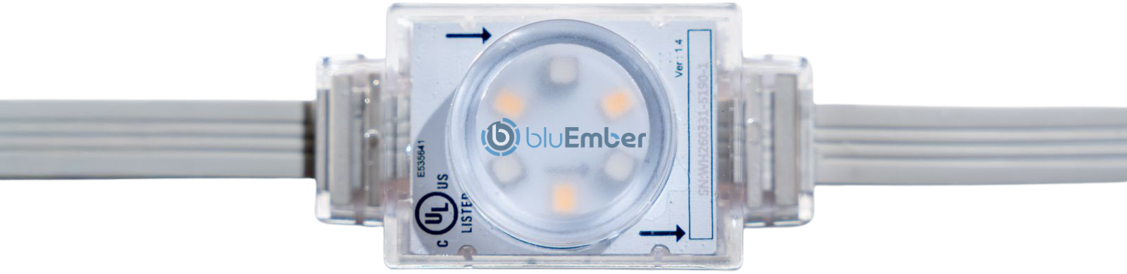 Close-up of a single bluEmber LED module with individually addressable RGB and warm-white diodes