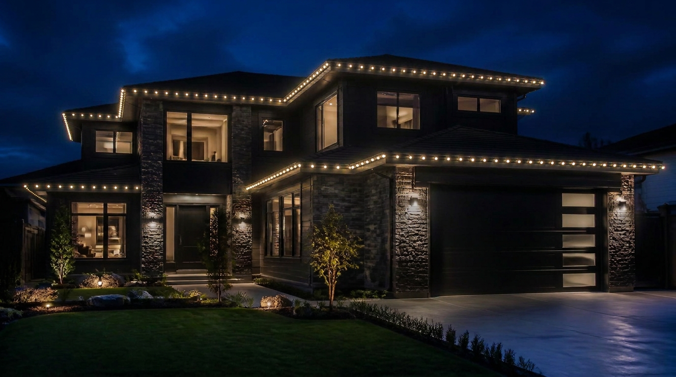 Modern home at night with Warm White permanent LED lighting along the rooflines