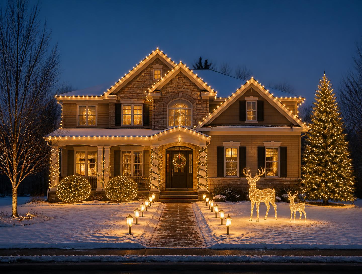 Home decorated with Christmas lights, wreaths, garlands, lit reindeer, pathway lights and wrapped trees